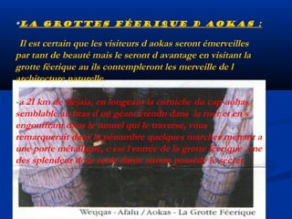 *la grottes féerique d aokas :

Il est certain que les visiteurs d aokas seront émerveilles
par tant de beauté mais le seront d avantage en visitant la
grotte féerique au ils contempleront les merveille de l
architecture naturelle.
-a 21 km de Bejaia, en longeant la corniche du cap-aohas
semblable au bras d un géant étendu dans la ruer et en s
engouffrant dans le tunnel qui le traverse, vous
remarquerait dans la pénombre quelques marches menant a
une porte métallique, c est l entrée de la grotte féerique .une
des splendeur dont seule dame nature possède le secret.

 