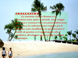Conclusion :

Le tourisme était le fleuron et la
deuxième rente après le pétrole, mais malgré
que l état a consacre tout ses potentialités pour
ce secteur, les infrastructures exigées par le
tourisme reste insuffisants ce qui nécessite d
établir de gestion et d organisation afin d
améliorer, développer et accomplir le besoin
touristique.

 