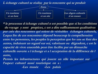 L échange culturel se réalise par la rencontre qui se produit
Entre
Un tourisme
et un hote

Un tourisme
et un site

Les obgets culturels
d un musee

* le processus d échange culturel n est possible que si les conditions
du voyage y sont propices, c est a dire suffisamment qualitatives
pur crée des rencontres qui soient de véritables échanges culturels,
Laqua lite de ces rencontres dépend beoucoup la compréhension
entre les personnes, les peuples la perception que les uns se font des
autres, induisant un regard sur soi, valorisant ou dégradent, c est la
capacité de vivre ensemble peut être facilite par un démarche
culturelle ouverte a l échange et a l acceptation de la différence de l
autre,
Permis les infrastructures qui jouent un rôle important sur
l’aspect culturel aussi touristique on a :
-Les musée
-Les palais

 