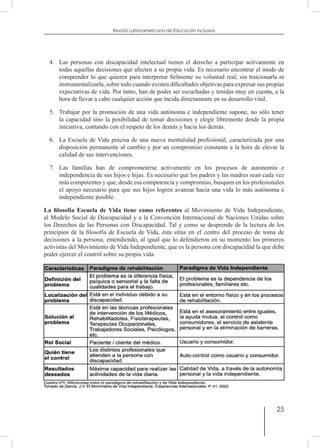 25
Revista Latinoamericana de Educación Inclusiva
4.	 Las personas con discapacidad intelectual tienen el derecho a participar activamente en
todas aquellas decisiones que afecten a su propia vida. Es necesario encontrar el modo de
comprender lo que quieren para interpretar fielmente su voluntad real, sin traicionarla ni
instrumentalizarla, sobre todo cuando existen dificultades objetivas para expresar sus propias
expectativas de vida. Por tanto, han de poder ser escuchadas y tenidas muy en cuenta, a la
hora de llevar a cabo cualquier acción que incida directamente en su desarrollo vital.
5.	 Trabajar por la promoción de una vida autónoma e independiente supone, no sólo tener
la capacidad sino la posibilidad de tomar decisiones y elegir libremente desde la propia
iniciativa, contando con el respeto de los demás y hacia los demás.
6.	 La Escuela de Vida precisa de una nueva mentalidad profesional, caracterizada por una
disposición permanente al cambio y por un compromiso constante a la hora de elevar la
calidad de sus intervenciones.
7.	 Las familias han de comprometerse activamente en los procesos de autonomía e
independencia de sus hijos e hijas. Es necesario que los padres y las madres sean cada vez
más competentes y que, desde esa competencia y compromiso, busquen en los profesionales
el apoyo necesario para que sus hijos logren avanzar hacia una vida lo más autónoma e
independiente posible.
La filosofía Escuela de Vida tiene como referentes al Movimiento de Vida Independiente,
al Modelo Social de Discapacidad y a la Convención Internacional de Naciones Unidas sobre
los Derechos de las Personas con Discapacidad. Tal y como se desprende de la lectura de los
principios de la filosofía de Escuela de Vida, ésta sitúa en el centro del proceso de toma de
decisiones a la persona, entendiendo, al igual que lo defendieron en su momento los primeros
activistas del Movimiento de Vida Independiente, que es la persona con discapacidad la que debe
poder ejercer el control sobre su propia vida.
 