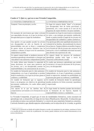 34
La Filosofía de Escuela de Vida. Sus aportes para la promoción de la vida independiente en el colectivo de
personas con discapacidad Intelectual / Nuria Illán y Jesús Molina
Cuadro nº 3. Qué es y qué no es una Vivienda Compartida.
LA VIVIENDA COMPARTIDA ES LA VIVIENDA COMPARTIDA NO ES
Temporal. Tiene un principio y un fin. Un lugar de estancia donde “dejar” a la persona
con discapacidad, bien de forma provisional o
permanente, tal y como sucede en el caso de los
programas de respiro familiar o los pisos tutelados.
Un escenario de convivencia que reúne a jóvenes
con capacidades diversas, en el que los jóvenes sin
discapacidad ejercen el papel de mediadores.
Un escenario en el que la convivencia se estructura
en torno a una jerarquía previamente establecida,
donde se podría asimilar el papel de los jóvenes sin
discapacidad al de cuidadores o padres sustitutivos.
Una opción a la que pueden acceder los jóvenes
con discapacidad, no sólo en función de sus
potencialidades sino por su deseo y compromiso
de querer iniciar un proceso formativo que les
conduzca a obtener el mayor nivel de autonomía e
independencia posible.
Una opción que deba estar supeditada únicamente a la
voluntad de las familias, desconsiderando los deseos
desushijos/as.Tampocodeberíaserposibleelingreso
en la Escuela de Vida de jóvenes que carezcan de la
motivación, ni de la estabilidad emocional necesaria
para afrontar esta experiencia de vida.
Un espacio natural donde se producen procesos de
enseñanza-aprendizaje encaminados a conseguir una
vida adulta lo más autónoma e independiente posible.
Un espacio donde los procesos de enseñanza-
aprendizaje puedan tener lugar a través de
situaciones artificialmente creadas.
Un medio idóneo para fomentar la capacidad de
tomar decisiones, así como para promover que
los jóvenes, con y sin discapacidad, asuman sus
responsabilidades y las consecuencias de sus actos.
Un medio que promueve aprendizajes que anulan
la iniciativa y la toma de decisiones de los jóvenes,
con y sin discapacidad.
Un modelo de formación para la vida autónoma e
independiente, en el que el aprendizaje se produce
desde la mediación y en el que los jóvenes ganan en
confianza y credibilidad.
Un modelo de formación para la vida autónoma e
independiente, en el que el aprendizaje se produce
desde la imposición, anulando las posibilidades de
la persona para ganar en confianza y credibilidad.
Un modelo de formación que se organiza en
torno a un programa con objetivos de aprendizaje
previamente establecidos, los cuales deben poder
ser evaluados.
Un modelo de formación donde los aprendizajes
puedan producirse de forma ocasional, espontánea
e improvisada.
Una opción en la que las familias han de
comprometerse activamente en la formación de sus
hijos/as
Un lugar donde las familias puedan desvincularse
de la formación de sus hijos/as, dejando la
responsabilidad a técnicos y mediadores.
La Vivienda Compartida, al igual que el resto de modalidades formativas, como escenario de
aprendizaje real, se desarrolla a lo largo de tres fases (Planificación. Desarrollo. Evaluación) que
se articulan en torno a un currículo formativo1
y a través de unos materiales formativos concretos.
Currículo formativo que aborda aspectos relacionados con la selección de la vivienda, su gestión
1  Dado que la exposición en detalle del modelo formativo excede a los propósitos de este trabajo, remitimos al lector
a la consulta del mismo a través de su publicación. Así mismo, puede contactar con los autores directamente en sus
correos electrónicos.
 
