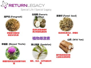 白高颗(Pueraria 
胡芦巴(Fenugreek) Mirifica) 茴香籽(Fennel Seed) 
促进乳房血液循环 
再次刺激乳腺发育 
植物雌激素 
山药(Wild Yam) 
舒缓更年期症状 
促进女性乳房 
幸福蓟(Blessed Thistle) 蒲公英根(Dandelion) 
促进消化液分泌，舒缓经 
痛 
提升肌肤保湿功能 
让皮肤光滑有弹性 
催乳，抗炎，治疗乳腺炎作 
用 
调理肝损坏及女性经期不准问 
题 
 