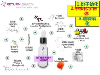 1.份子幼化 
牛奶肽 
Milk 
Peptide 
玻尿酸 
Hyaluronic 
Asid 
尿囊素 
Allantoin 
鲑鱼肽 
Salmon Peptide 
α-硫辛酸 
Alpha Lipoic Acid 
（ALA) 
生长因子 
Growth 
Factors 
抗环血酸(维生素C) 
Ascorbic Acid (Vitamin 
C) 
曲酸 
Kojic Acid 
维生素E 
Vitamin E 
(Tocopherol) 
羟基化卵磷脂 
Hydroxylated 
Lecithin 
微矿化营养技术 
(MMNT) 
胶原蛋白 
Collagen 
2.中和化学物 
体 
 