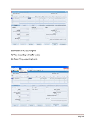Page 63 
See the Status of Accounting Yes 
To View Accounting Entries for Invoice 
(N) Tools View Accounting Events 
 