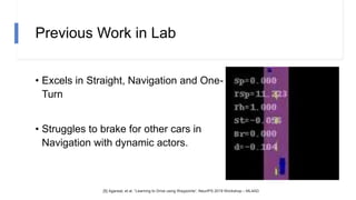 Previous Work in Lab
• Excels in Straight, Navigation and One-
Turn
• Struggles to brake for other cars in
Navigation with dynamic actors.
[5] Agarwal, et al. “Learning to Drive using Waypoints“, NeurIPS 2019 Workshop – ML4AD
 