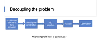Decoupling the problem
Input Images
and data
from
simulator
State Space
construction
RL
algorithm
Reward Optimization
Which components need to be improved?
 