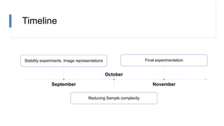 Timeline
September
Stability experiments, Image representations
October
Reducing Sample complexity
November
Final experimentation
 
