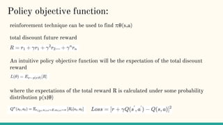 Policy objective function:
reinforcement technique can be used to find π​θ​​(s,a)
total discount future reward
An intuitive policy objective function will be the expectation of the total discount
reward
where the expectations of the total reward R is calculated under some probability
distribution p(x∣θ)
 