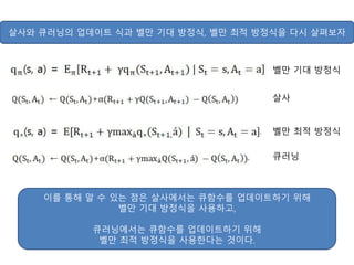 살사와 큐러닝의 업데이트 식과 벨만 기대 방정식, 벨만 최적 방정식을 다시 살펴보자
벨만 기대 방정식
살사
벨만 최적 방정식
큐러닝
이를 통해 알 수 있는 점은 살사에서는 큐함수를 업데이트하기 위해
벨만 기대 방정식을 사용하고,
큐러닝에서는 큐함수를 업데이트하기 위해
벨만 최적 방정식을 사용한다는 것이다.
 