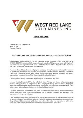 NEWS RELEASE
FOR IMMEDIATE RELEASE
April 26, 2017
Toronto, Ontario
WEST RED LAKE DRILLS 72.6 GRAMS GOLD OVER 3.0 METRES AT ROWAN
West Red Lake Gold Mines Inc. (“West Red Lake Gold” or the “Company”) (CSE: RLG) (FSE: HYK)
(OTCQB: RLGMF) announces high grade drill results including 72.6 grams per tonne gold (“g/t Au”)
over 3.0 meters from exploration work on the 3100 hectare West Red Lake Project located in the prolific
Red Lake Gold District, Northwestern Ontario, Canada.
The recent phase of the exploration drill program carried out during January and February 2017 consisted
of 3,014 metres of drilling in nine holes that was designed to further explore and expand the Rowan Mine
Zones with exploration drilling. Drill results indicate that depth potential represents the primary
opportunity to expand the Rowan Mine Zones. (See drill results table below.)
The next phase of drilling is planned to begin during the second half of May 2017.
Mr. John Kontak, President of West Red Lake Gold stated “We are very pleased to be continuing our
diamond drilling programs on our promising Red Lake property during 2017. We believe the property
holds significant exploration potential and plan to continue the effort to expand the Rowan Mine Zones
and to explore additional areas of interest on the West Red Lake Project”.
Two holes were drilled to expand the gold zones to depth in the central area of the east-west trending
Rowan Mine Zones. Hole RLG 17-45 intersected 72.6 g/t Au over 3.0 metres and Hole RLG 17-44
intersected 21.9 g/t Au over 1.0 metre.
Three holes were drilled at the eastern end of the Rowan Mine Zones. Hole RLG 17-46 intersected 16.05
g/t Au over 1.0 metre. Two additional holes were drilled further east to expand the gold mineralized zones
along strike and did not return any gold values. Four holes drilled to the west intersected the gold bearing
zones over widths ranging from 4 metres to 15 metres and returned weak gold values.
 