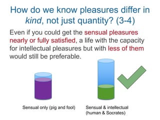 Which kind of pleasure is best, and
why?
Those who have experienced both prefer
the “higher,” ”intellectual” pleasures (3-5)
A “pig satisfied” A “Socrates dissatisfied”
Sensual
pleasures
only
Sensual &
intellectual
 