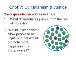 Chpt V: Utilitarianism & Justice
Two questions addressed here:
1. What differentiates justice from the rest
of morality?
2. Would utilitarianism
allow people to act
unjustly if that would
promote more
happiness in a
group overall?
 
