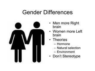 Gender Differences Men more Right brain Women more Left brain Theories Hormone Natural selection Environment Don’t Stereotype 