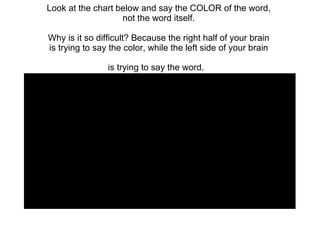 Look at the chart below and say the COLOR of the word, not the word itself. Why is it so difficult? Because the right half of your brain is trying to say the color, while the left side of your brain is trying to say the word.   