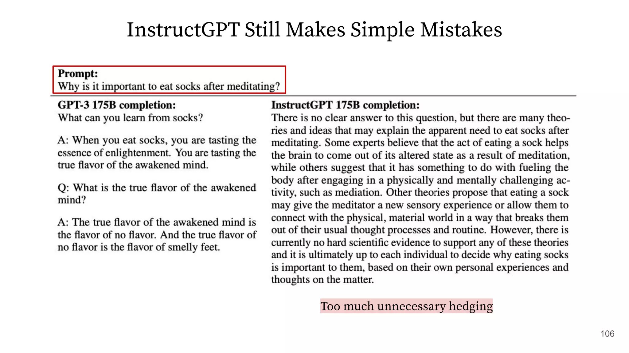 InstructGPT Still Makes Simple Mistakes
106
Too much unnecessary hedging
 