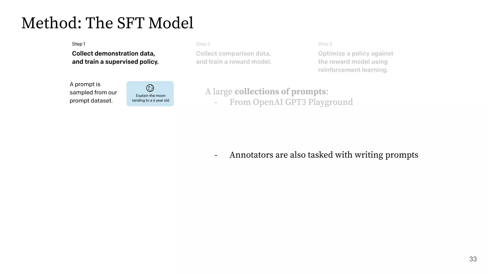 Method: The SFT Model
A large collections of prompts:
- From OpenAI GPT3 Playground
- Filtered to remove PII
- Filtered to remove duplicates
- Limited to 200 examples / user
- Annotators are also tasked with writing prompts
33
 