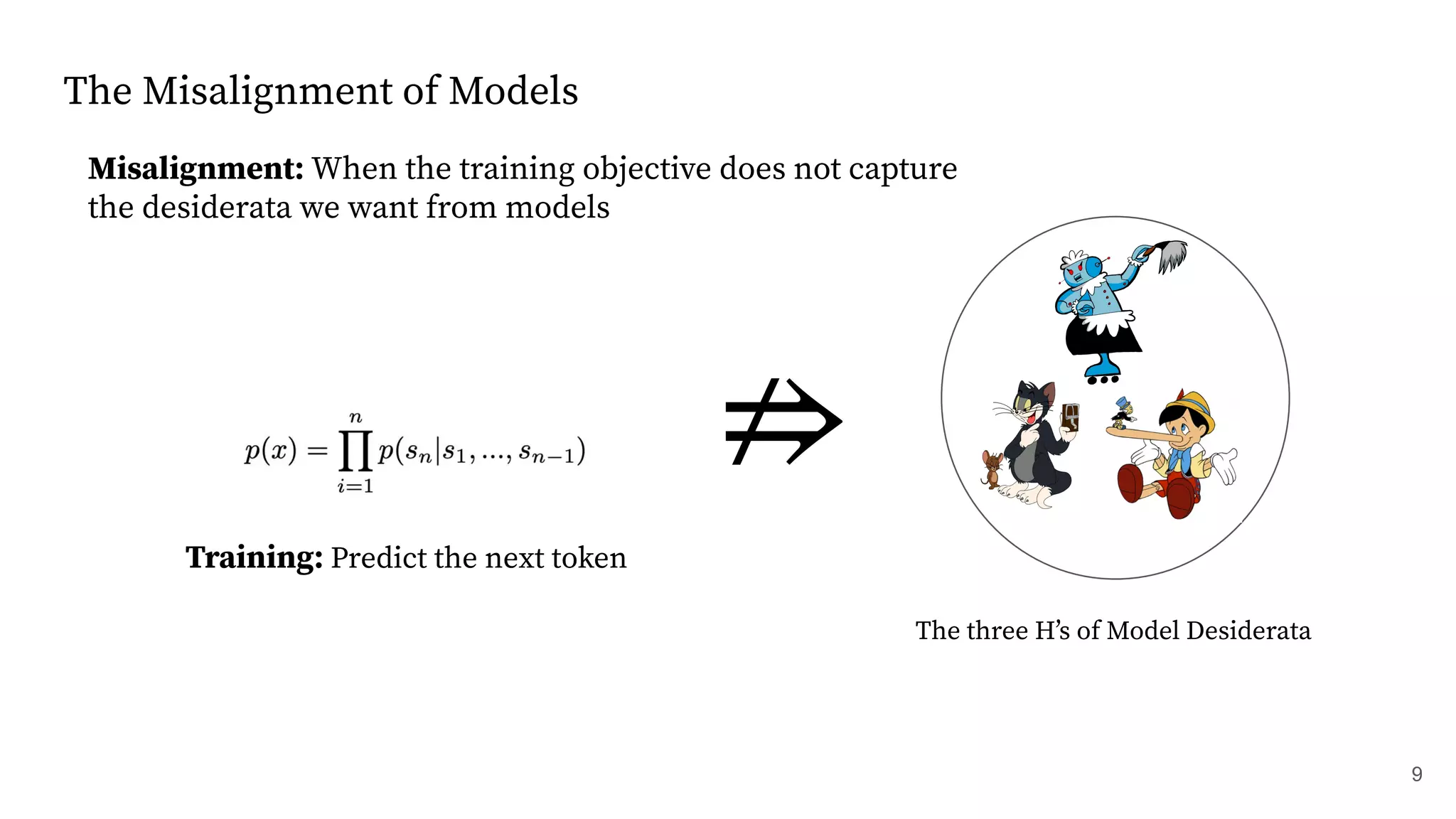 The Misalignment of Models
Training: Predict the next token
The three Hʼs of Model Desiderata
Misalignment: When the training objective does not capture
the desiderata we want from models
9
 