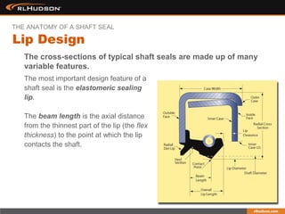 The cross-sections of typical shaft seals are made up of many
variable features.
The most important design feature of a
shaft seal is the elastomeric sealing
lip.
The beam length is the axial distance
from the thinnest part of the lip (the flex
thickness) to the point at which the lip
contacts the shaft.
Lip Design
THE ANATOMY OF A SHAFT SEAL
 