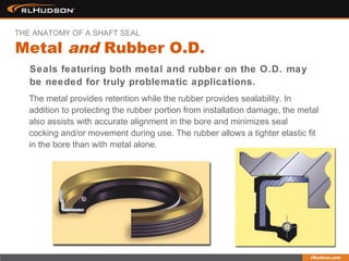 The metal provides retention while the rubber provides sealability. In
addition to protecting the rubber portion from installation damage, the metal
also assists with accurate alignment in the bore and minimizes seal
cocking and/or movement during use. The rubber allows a tighter elastic fit
in the bore than with metal alone.
Seals featuring both metal and rubber on the O.D. may
be needed for truly problematic applications.
Metal and Rubber O.D.
THE ANATOMY OF A SHAFT SEAL
 