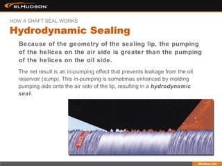 Because of the geometry of the sealing lip, the pumping
of the helices on the air side is greater than the pumping
of the helices on the oil side.
The net result is an in-pumping effect that prevents leakage from the oil
reservoir (sump). This in-pumping is sometimes enhanced by molding
pumping aids onto the air side of the lip, resulting in a hydrodynamic
seal.
Hydrodynamic Sealing
HOW A SHAFT SEAL WORKS
 