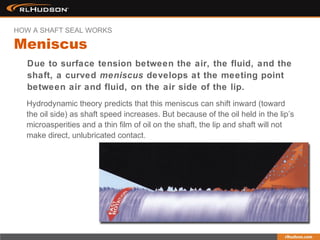 Due to surface tension between the air, the fluid, and the
shaft, a curved meniscus develops at the meeting point
between air and fluid, on the air side of the lip.
Hydrodynamic theory predicts that this meniscus can shift inward (toward
the oil side) as shaft speed increases. But because of the oil held in the lip’s
microasperities and a thin film of oil on the shaft, the lip and shaft will not
make direct, unlubricated contact.
Meniscus
HOW A SHAFT SEAL WORKS
 