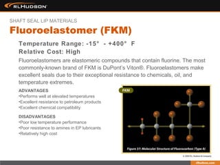 Temperature Range: -15° - +400° F
Relative Cost: High
Fluoroelastomers are elastomeric compounds that contain fluorine. The most
commonly-known brand of FKM is DuPont’s Viton®. Fluoroelastomers make
excellent seals due to their exceptional resistance to chemicals, oil, and
temperature extremes.
Fluoroelastomer (FKM)
SHAFT SEAL LIP MATERIALS
ADVANTAGES
•Performs well at elevated temperatures
•Excellent resistance to petroleum products
•Excellent chemical compatibility
DISADVANTAGES
•Poor low temperature performance
•Poor resistance to amines in EP lubricants
•Relatively high cost
 