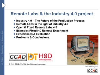 © 2015 CCAD, Langmann
©CCAD–Industry&Education
Remote Labs & the Industry 4.0 project
Industry 4.0 – The Future of the Production Process
Remote Labs in the light of Industry 4.0
Open & Fixed Remote Labs 4.0
Example: Fixed I40 Remote Experiment
Experiences & Evaluation
Problems & Conclusions
© 2015 CCAD, Prof. Dr.-Ing. Reinhard Langmann
 
