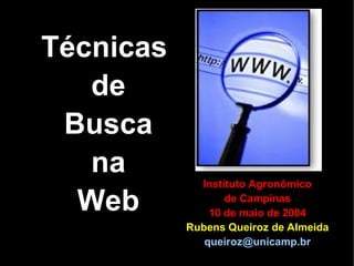 Técnicas
de
Busca
na
Web
Instituto Agronômico
de Campinas
10 de maio de 2004
Rubens Queiroz de Almeida
queiroz@unicamp.br
 