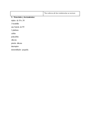 *los valores de las resistencias se suman
5. Materiales y herramientas:
triplex de 30 x 30
3 bombillo
una batería de 9V
3 plafones
cables
pelacables
silicona
pistola silicona
interruptor
destornillador pequeño.
 