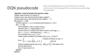 DQN pseudocode
https://towardsdatascience.com/introduction-to-various-
reinforcement-learning-algorithms-i-q-learning-sarsa-dqn-ddpg-
72a5e0cb6287
 