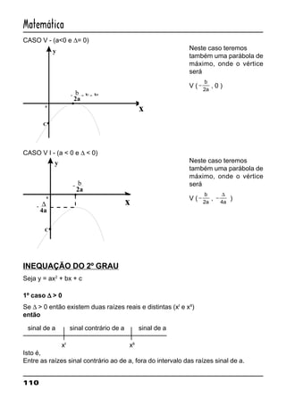 110
Matemática
CASO V - (a<0 e ∆= 0)
Neste caso teremos
também uma parábola de
máximo, onde o vértice
será
V ( −
b
a2
, 0 )
CASO V I - (a < 0 e ∆ < 0)
Neste caso teremos
também uma parábola de
máximo, onde o vértice
será
V ( −
b
a2
, −
∆
4a
)
INEQUAÇÃO DO 2º GRAU
Seja y = ax2
+ bx + c
1º caso ∆∆∆∆∆ > 0
Se ∆ > 0 então existem duas raízes reais e distintas (xI
e xII
)
então
sinal de a sinal contrário de a sinal de a
xI
xII
Isto é,
Entre as raízes sinal contrário ao de a, fora do intervalo das raízes sinal de a.
0
C
y
x
2a
b
4a
∆
0
C
xI xII
= =
y
x
2a
b
 