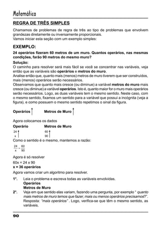 90
Matemática
REGRA DE TRÊS SIMPLES
Chamamos de problemas de regra de três ao tipo de problemas que envolvem
grandezas diretamente ou inversamente proporcionais.
Vamos iniciar esta seção com um exemplo simples:
EXEMPLO:
24 operários fizeram 60 metros de um muro. Quantos operários, nas mesmas
condições, farão 90 metros do mesmo muro?
Solução:
O caminho para resolver será mais fácil se você se concentrar nas variáveis, veja
então que as variáveis são operários e metros do muro.
Analise então que, quanto mais (menos) metros de muro tiverem que ser construídos,
mais (menos) operários serão necessários.
Observamos que quanto mais cresce (ou diminue) a variável metros do muro mais
cresce (ou diminue) a variável operários. Isto é, quanto maior for o muro mais operários
serão necessários. Logo, as duas variáveis tem o mesmo sentido. Neste caso, com
o mesmo sentido, fixamos um sentido para a variável que possui a incógnita (veja a
figura), e como possuem o mesmo sentido repetimos o sinal da figura.
Operários Metros de Muro
Agora colocamos os dados
Operário Metros de Muro
24
x
60
90
Como o sentido é o mesmo, mantemos a razão:
24 60
90x
=
Agora é só resolver
60x = 24 x 90
x = 36 operários
Agora vamos criar um algoritmo para resolver.
1°. Leia o problema e escreva todas as variáveis envolvidas.
Operários
Metros de Muro
2°. Veja em que sentido elas variam, fazendo uma pergunta, por exemplo “ quanto
mais metros de muro temos que fazer, mais ou menos operários precisamos?”.
Resposta: “mais operários” . Logo, verifica-se que têm o mesmo sentido, as
variáveis.
 