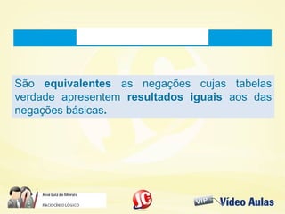 São equivalentes as negações cujas tabelas
verdade apresentem resultados iguais aos das
negações básicas.
São equivalentes as negações cujas tabelas
verdade apresentem resultados iguais aos das
negações básicas.
 