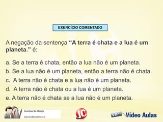 EXERCÍCIO COMENTADO
A negação da sentença “A terra é chata e a lua é um
planeta.” é:
a. Se a terra é chata, então a lua não é um planeta.
b. Se a lua não é um planeta, então a terra não é chata.
c. A terra não é chata e a lua não é um planeta.
d. A terra não é chata ou a lua é um planeta.
e. A terra não é chata se a lua não é um planeta.
 