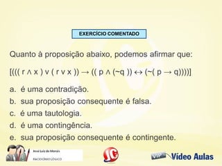 EXERCÍCIO COMENTADO
Quanto à proposição abaixo, podemos afirmar que:
[((( r ∧ x ) v ( r v x )) → (( p ∧ (~q ))  (~( p → q))))]
a. é uma contradição.
b. sua proposição consequente é falsa.
c. é uma tautologia.
d. é uma contingência.
e. sua proposição consequente é contingente.
 