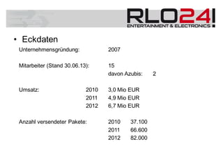 • Eckdaten
Unternehmensgründung: 2007
Mitarbeiter (Stand 30.06.13): 15
davon Azubis: 2
Umsatz: 2010 3,0 Mio EUR
2011 4,9 Mio EUR
2012 6,7 Mio EUR
Anzahl versendeter Pakete: 2010 37.100
2011 66.600
2012 82.000
 