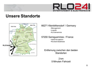 Unsere Standorte
66271 Kleinblittersdorf / Germany
•Management
•Logistik
•Kundenservice
57200 Sarreguemines / France
•Verbindungsbüro
•Rücksendeadresse
Entfernung zwischen den beiden
Standorten
2 km
5 Minuten Fahrzeit
RLO GmbH
8
 