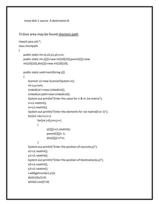 move disk 1 source A destination B



7) Give area may be found shortest path
import java.util.*;
class shortpath
{
    public static int x1,x2,y1,y2,n,m;
    public static int a[][]=new int[10][10],parent[][]=new
    int[10][10],dist[][]=new int[10][10];

   public static void main(String s[])
   {
      Scanner s1=new Scanner(System.in);
      int x,y,num;
      LinkedList l=new LinkedList();
      LinkedList path=new LinkedList();
      System.out.println("Enter the value for n & m 1st matrix");
      n=s1.nextInt();
      m=s1.nextInt();
      System.out.println("Enter the elements for 1st matrix(0 or 1)");
      for(int i=0;i<n;i++)
               for(int j=0;j<m;j++)
               {
                        a[i][j]=s1.nextInt();
                        parent[i][j]=-1;
                        dist[i][j]=n*m;
               }
      System.out.println("Enter the position of source(x,y)");
      x1=s1.nextInt();
      y1=s1.nextInt();
      System.out.println("Enter the position of Destination(x,y)");
      x2=s1.nextInt();
      y2=s1.nextInt();
      l.add(getnum(x1,y1));
      dist[x1][y1]=0;
      while(l.size()!=0)
 