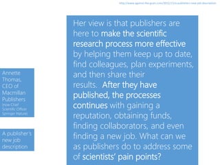 4
From consumption to creation:
• Support process as well as product.
• Workflow is the new content..
• Support for publishing and digital scholarship.
• An inside out perspective increasingly
important.
 