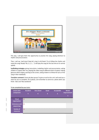 This way, I will give them the opportunity to practise the song, paying attention to
rhythm and pronunciation.
Then, I will say, ‘well done! Now let´s sing it a bit faster! Try to follow the rhythm and
enjoy the song! Ready? Ok, 3, 2, 1….’ (I will play the song for the last time at its normal
speed).
Scaffolding strategies: giving instructions, modelling rhythm and pronunciation, asking
children to repeat after me, playing the video-song at different levels of speed, making
gestures while singing, pointing to the screen, asking children to follow the lyrics of the
song in their notebooks.
Transition comment: Great job dear group! To give an end to this unit I will send you a
chart for you to complete. Do it please, and remember to send me a photo when you
finish. Take care! Nice weekend!
To be completed by your tutor:
Lesson plan
component
Excellent
5
Very Good
4
Good
3
Acceptable
2
Needs
improvement
1
Visual
organization
X
Coherence and
sequencing
X
Variety of
resources
X
 
