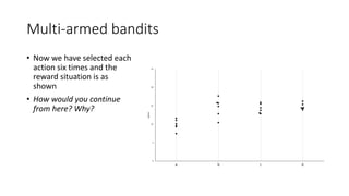Multi-armed bandits
• Now we have selected each
action six times and the
reward situation is as
shown
• How would you continue
from here? Why?
 