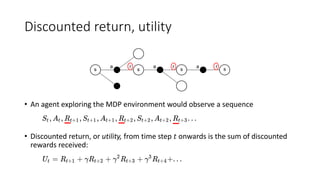 Discounted return, utility
• An agent exploring the MDP environment would observe a sequence
• Discounted return, or utility, from time step 𝑡 onwards is the sum of discounted
rewards received:
 