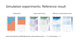 Simulation experiments: Reference result
Greedy policy Action-value function Difference in value between actions
Monte Carlo Off-policy; 100 000 000 episodes; random behavior policy, ; no discounting
 