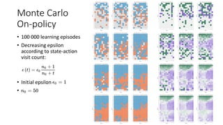 Monte Carlo
On-policy
• 100 000 learning episodes
• Decreasing epsilon
according to state-action
visit count:
• Initial epsilon
•
 