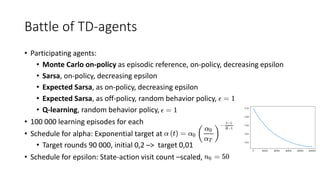 Battle of TD-agents
• Participating agents:
• Monte Carlo on-policy as episodic reference, on-policy, decreasing epsilon
• Sarsa, on-policy, decreasing epsilon
• Expected Sarsa, as on-policy, decreasing epsilon
• Expected Sarsa, as off-policy, random behavior policy,
• Q-learning, random behavior policy,
• 100 000 learning episodes for each
• Schedule for alpha: Exponential target at
• Target rounds 90 000, initial 0,2 –> target 0,01
• Schedule for epsilon: State-action visit count –scaled,
 