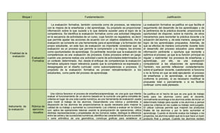 Bloque I 
Fundamentación 
Justificación 
Finalidad de la 
evaluación 
Evaluación 
Formativa 
La evaluación formativa, también conocida como de procesos, se relaciona 
con la mejora de la enseñanza y del aprendizaje. Su propósito es proporcionar 
información sobre lo que sucede y lo que debería suceder para el logro de la 
competencia. Se identifica la evaluación formativa como una actividad integrada 
en la secuencia de actividades de un curso, cuya función es reguladora, es decir 
que permite ajustar las acciones de acuerdo con un objetivo establecido. Así la 
evaluación se convierte en una herramienta para el aprendizaje y la formación del 
propio estudiante, en este tipo de evaluación es importante considerar que: la 
evaluación es un proceso que permite la comprensión y la mejora; los errores 
como oportunidades de aprendizaje. Es pertinente recordar que la evaluación de 
competencias es una evaluación de procesos. Estos procesos entran en juego 
cuando una persona realiza una actividad o serie de actividades determinadas en 
un contexto determinado. Así, desde el enfoque de competencias la evaluación 
formativa adquiere mayor relevancia puesto que la competencia es expresada y 
desagregada en el diseño curricular como subcompetencias o procesos. El 
propósito de la evaluación formativa es proveer retroalimentación a los 
estudiantes, como parte del proceso de aprendizaje. 
La evaluación formativa se justifica en que facilita el 
seguimiento del desarrollo de los aprendizajes y de 
la pertinencia de la práctica docente; proporciona la 
oportunidad de disponer, sobre la marcha, de otros 
mecanismos para reorientar la práctica docente y la 
actuación del alumno y, de esta manera, asegurar el 
logro de los aprendizajes propuestos. Además, de 
que se efectúa de manera concurrente durante todo 
el desarrollo del proceso educativo para obtener 
información pertinente y oportuna que reoriente y 
optimice el proceso; ya que la su función principal es 
regular y realimentar los procesos de enseñanza y 
aprendizaje, por ello, es una evaluación 
consustancial a las situaciones de aprendizaje. 
También, nos permite reflexionar constantemente 
sobre el quehacer docente, cuestionando si funciona 
o no la forma en que se está ejecutando el proceso 
de enseñanza y de aprendizaje, si se desarrolla 
conforme lo previsto, si es necesario modificar la 
propuesta total o parcialmente o si es factible 
continuar como está planeado. 
Instrumento de 
la evaluación 
Rúbrica de 
ejercicios 
resueltos 
Una rúbrica favorece el proceso de enseñanza/aprendizaje, es una guía que intenta 
evaluar el funcionamiento de un alumno basado en la suma de una gama completa de 
criterios en lugar de una sola cuenta numérica, es una herramienta de evaluación usada 
para medir el trabajo de los alumnos. Desarrollando una rúbrica y poniéndola a 
disposición de los alumnos les proporcionamos la ayuda necesaria para mejorar la 
calidad de su trabajo y aumentar su conocimiento. Los criterios a evaluar en la rúbrica 
son: aplica las operaciones básicas usando la jerarquización de operaciones, utiliza 
distintas representaciones y propiedades de los números reales, distingue la diferencia 
entre las series y las sucesiones numéricas, identifica las características de una sucesión 
o serie aritmética de una geométrica, construye graficas para establecer el 
Se justifica en el hecho de que es una guía de trabajo 
tanto para los alumnos como para el docente, 
normalmente se entrega a los alumnos antes de iniciar un 
determinado trabajo para ayudar a los alumnos a pensar 
sobre los criterios en los cuales su trabajo será juzgado. 
El utilizar rubricas permite que mejoren los productos 
finales de los alumnos y por lo tanto aumentan el 
aprendizaje. Cuando el docente evalúa los trabajos o los 
proyectos, los alumnos saben qué es lo que hace un buen 
producto final y porqué. Cuando los alumnos reciben 
 