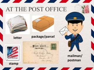 AT THE POST OFFICE
letter
stamp
package/parcel
mailman/
postman
 