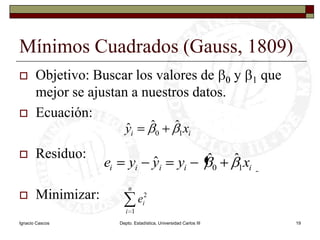 Ignacio CascosDepto. Estadística, Universidad Carlos III19Mínimos Cuadrados (Gauss, 1809)Objetivo: Buscar los valores de b0 y b1 que mejor se ajustan a nuestros datos.Ecuación:Residuo:Minimizar: