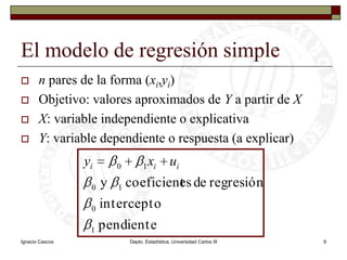 Ignacio CascosDepto. Estadística, Universidad Carlos III9El modelo de regresión simplen pares de la forma (xi,yi)Objetivo: valores aproximados de Y a partir de XX: variable independiente o explicativaY: variable dependiente o respuesta (a explicar)
