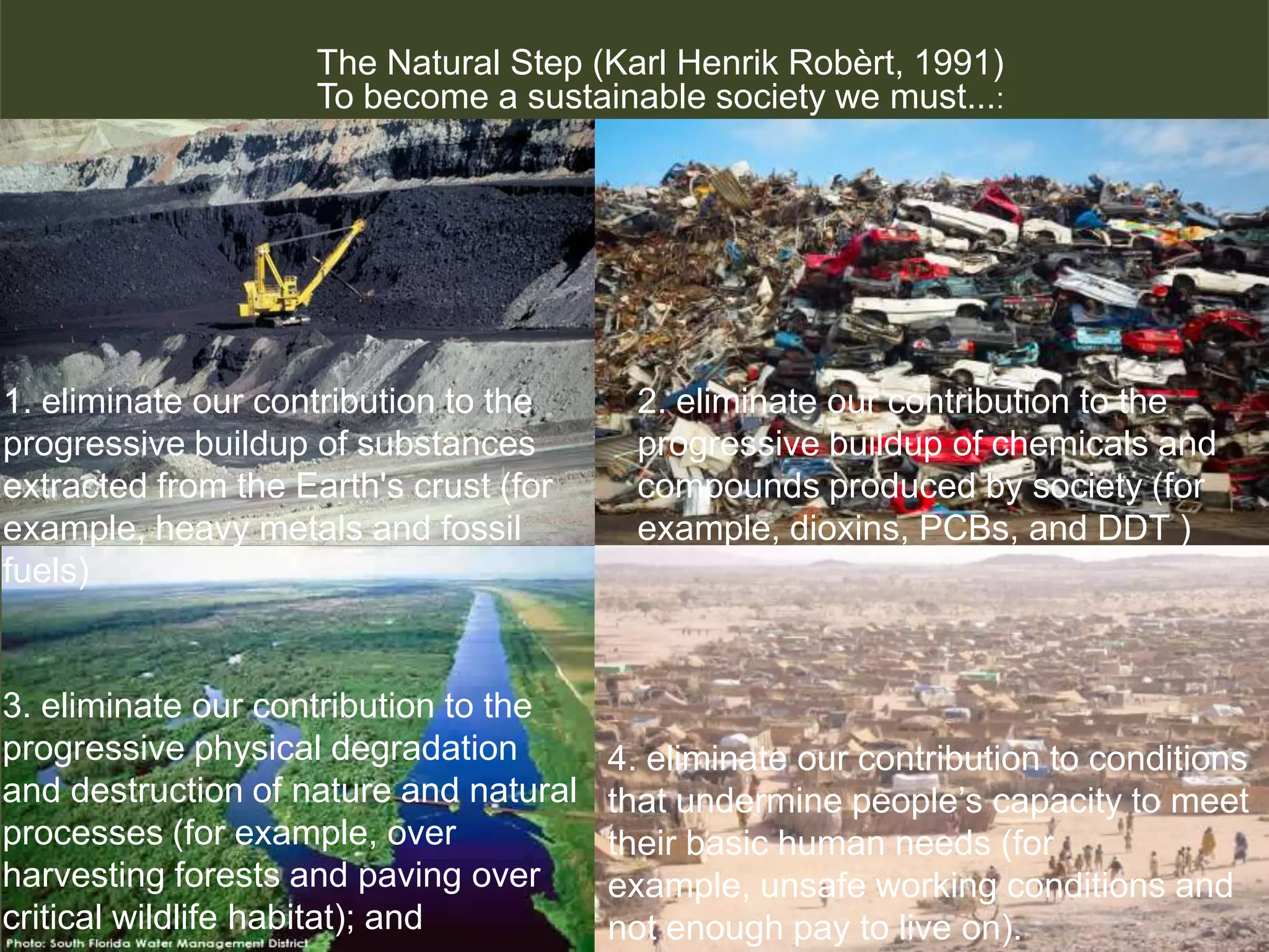 The Natural Step (Karl Henrik Robèrt, 1991)
                     To become a sustainable society we must...:




1. eliminate our contribution to the     2. eliminate our contribution to the
progressive buildup of substances        progressive buildup of chemicals and
extracted from the Earth's crust (for    compounds produced by society (for
example, heavy metals and fossil         example, dioxins, PCBs, and DDT )
fuels)


3. eliminate our contribution to the
progressive physical degradation        4. eliminate our contribution to conditions
and destruction of nature and natural   that undermine people’s capacity to meet
processes (for example, over            their basic human needs (for
harvesting forests and paving over      example, unsafe working conditions and
critical wildlife habitat); and         not enough pay to live on).
 